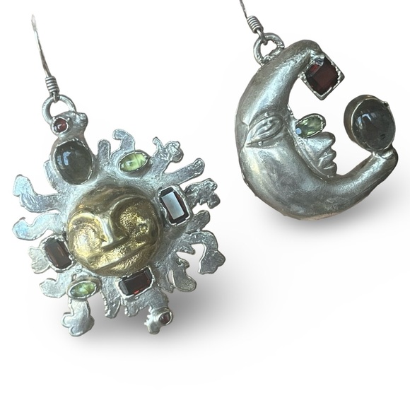 Pure Silver Artisan Garnet Moonstone Citrine Sun and Moon Earrings By C + R